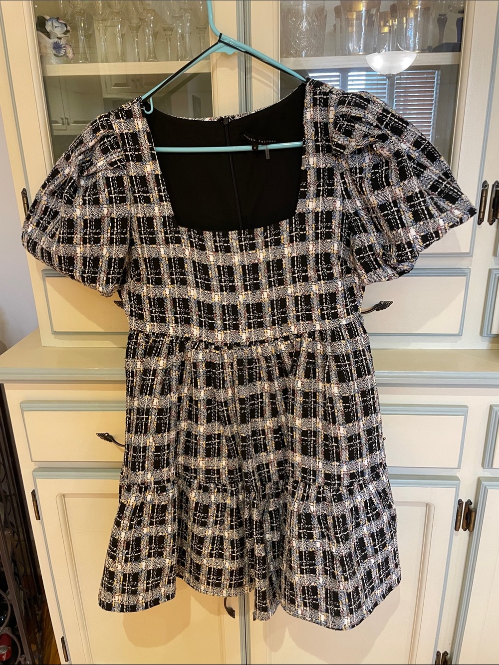 English Factory Black and White Tweed Plaid Mini Dress